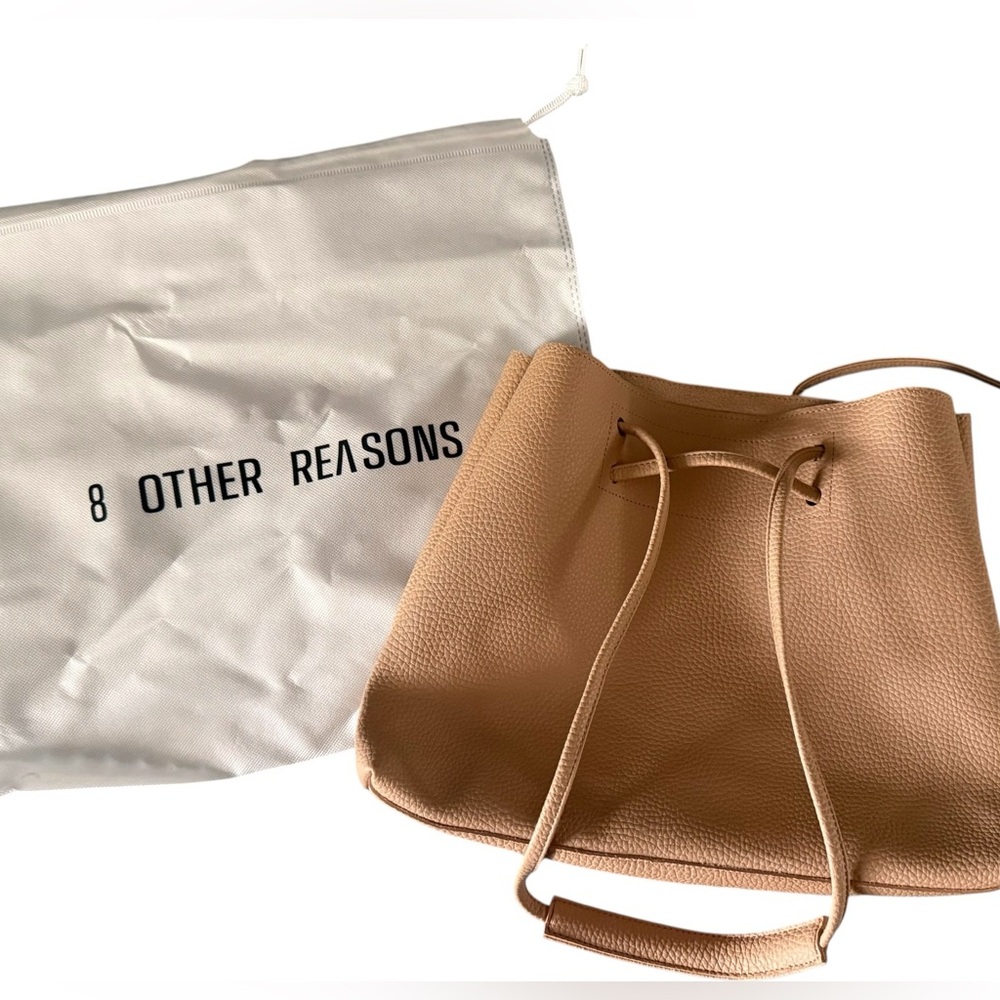 8 Other Reasons Elegant Pebbled Leather Drawstring Cream Tan Tote Bag